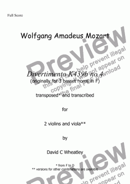 page one of Mozart - Divertimento K439b no 4 for 2 violins and viola transcribed by David Wheatley