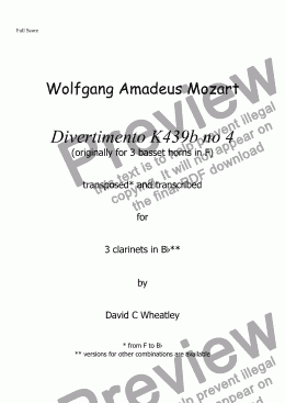 page one of Mozart - Divertimento K439b no 5 for clarinet trio (Bb)  transcribed by David C Wheatley