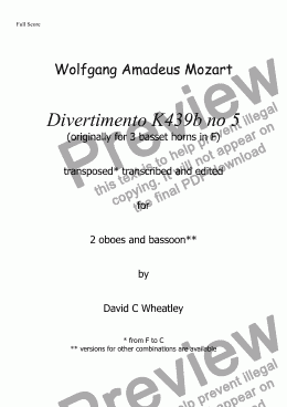 page one of Mozart - Divertimento K439b no 5  for 2 oboes and bassoon transcribed by David Wheatley