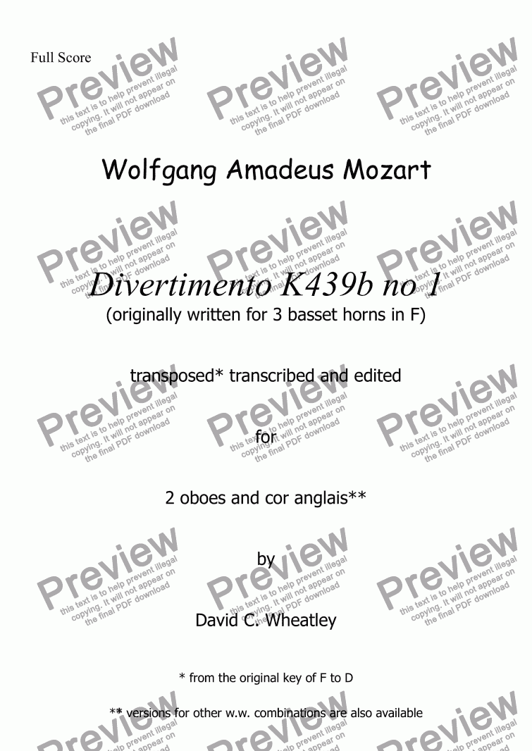 page one of Mozart - Divertimento K439b no 1 for 2 oboes and cor anglais transcribed by David Wheatley