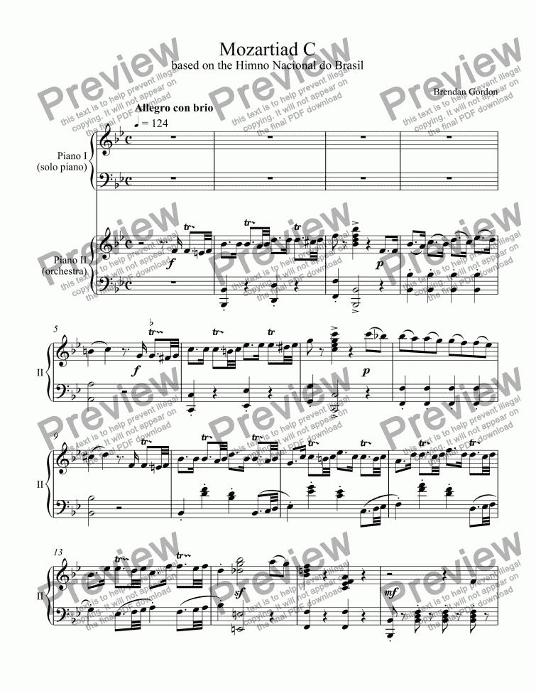 page one of Mozartiad C: Concert Piece Based on the Hino Nacional Brasileiro, Op. 2 No. 3, 2-piano score