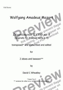 page one of Mozart - Divertimento K439b no 4 for 2 oboes and bassoon transcribed by David C Wheatley
