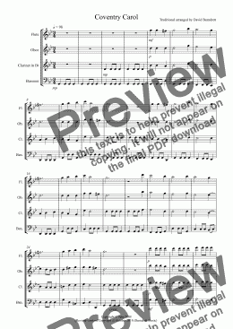 page one of Coventry Carol for Wind Quartet