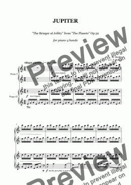 page one of G. Holst - JUPITER from "The Planets" Op.32 - 1 piano 4 hands