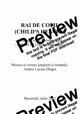 page one of Rai de copil (Child's heaven) - vocal-instrumental miniature for voice, piano, violins and cellos