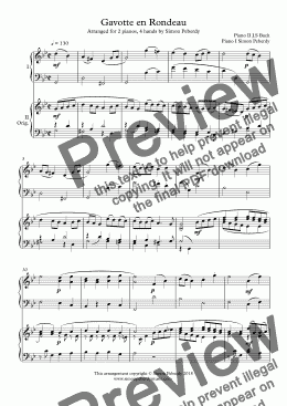 page one of Gavotte en Rondeau (J.S. Bach) Arranged for 2 pianos, 4 hands by Simon Peberdy