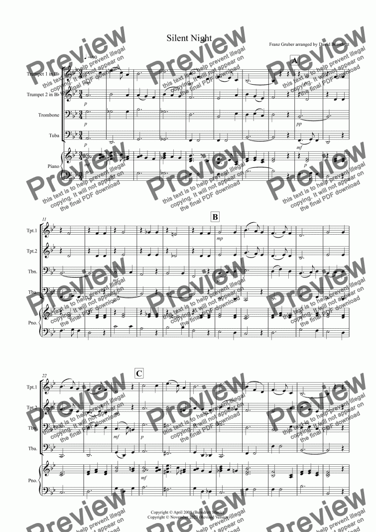 page one of Silent Night for Brass Quartet