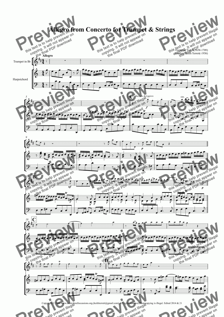 page one of Allegro from Torelli’s Concerto for D Trumpet &  (Intermediate version)