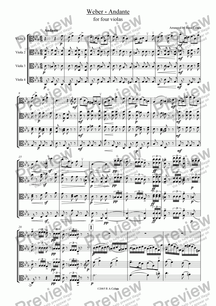 page one of Weber - ANDANTE - for viola quartet