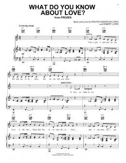page one of What Do You Know About Love? (from Frozen: the Broadway Musical) (Piano, Vocal & Guitar Chords (Right-Hand Melody))