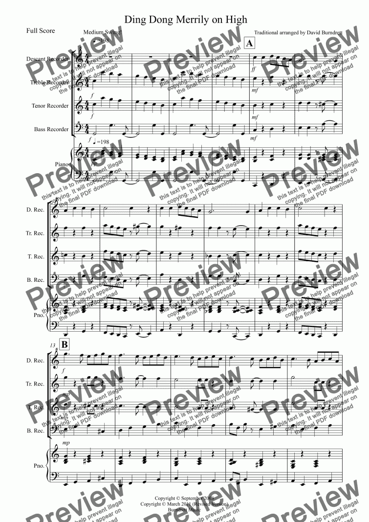 page one of Ding Dong Merrily on High (Jazzy Style!) for Recorder Quartet