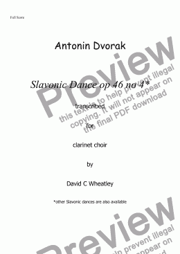 page one of Dvorak - Slavonic Dance op 46 no 4 for clarinet choir transcribed by David Wheatley