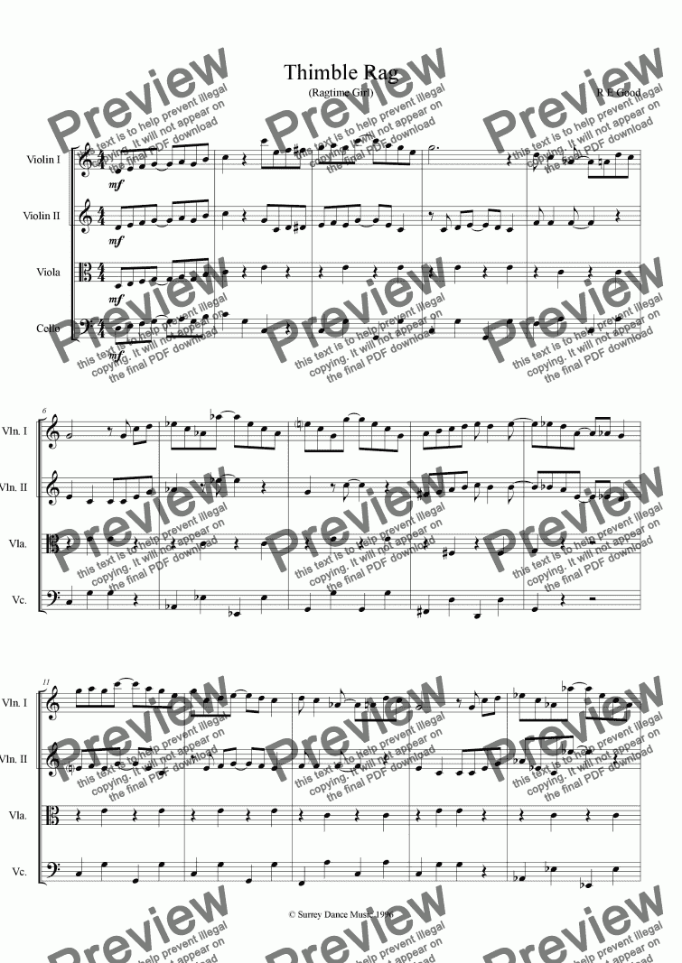 page one of Thimble Rag (string quartet rag)