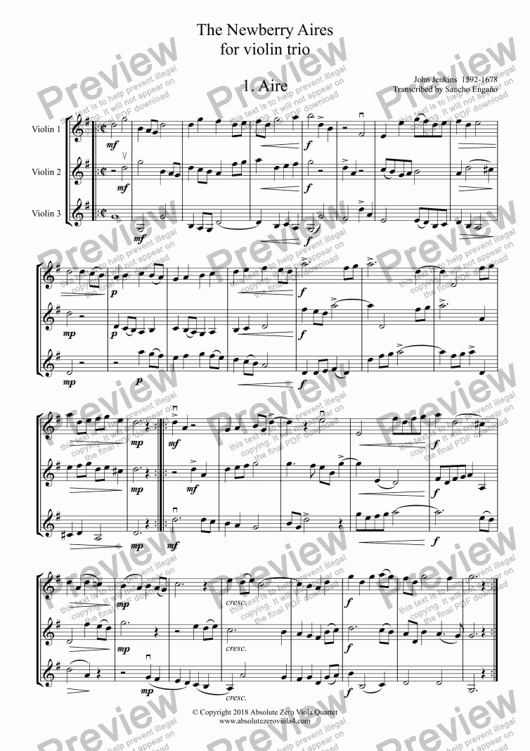 page one of Jenkins - The Newberry Aires for violin trio