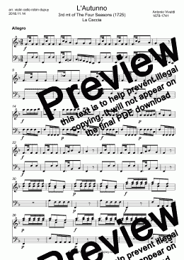 page one of Vivaldi - Four Seasons - Autumn - L'Autunno - L'Automne - 3rd mt Allegro - 四季 (ヴィヴァルディ) 協奏曲第3番ヘ長調 RV 293「秋」第3楽章　アレグロ - 사계 (비발디) - 四季 (維瓦爾第)F小調第四協奏曲 - Времена года (Вивальди) Концерт № 3 фа мажор «Осень» - Concerto in Fa Maggiore - PDF - Duo duet 二重唱 violi