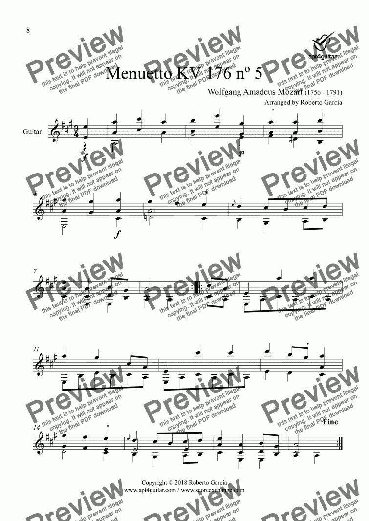 page one of Menuetto KV 176 nº 5 for solo guitar
