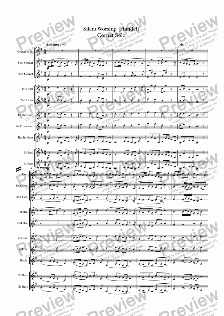 page one of Silent Worship [Handel]  Cornet Solo