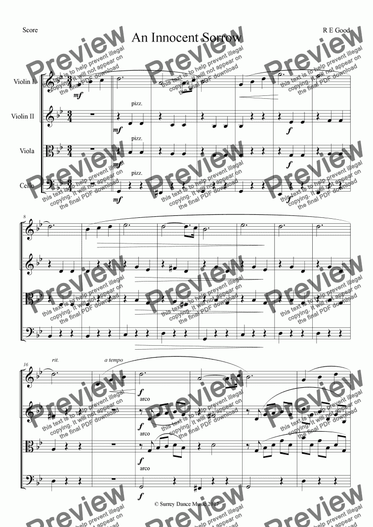 page one of An Innocent Sorrow (for String Quartet)