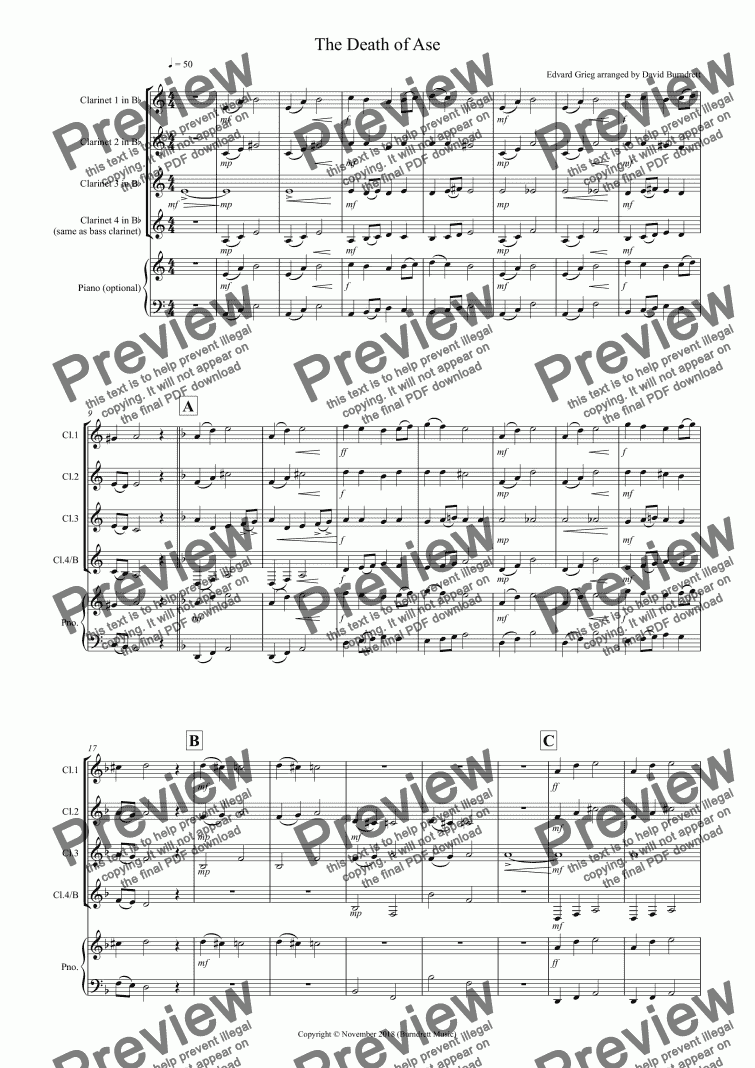 page one of The Death of Ase (from Peer Gynt) for Clarinet Quartet