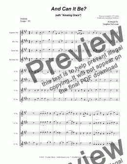 page one of And Can It Be? (with "Amazing Grace") (for Saxophone Quartet and Piano)