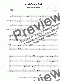 page one of And Can It Be? (with "Amazing Grace") (for Woodwind Quartet and Piano)