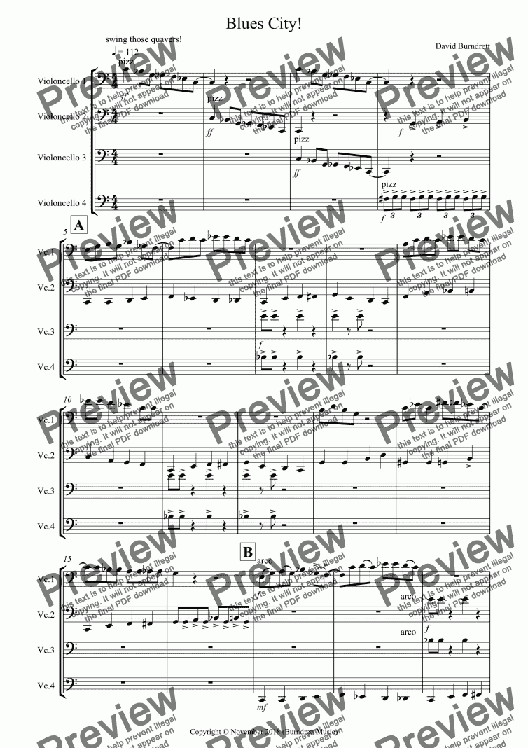 page one of Blues City! for Cello Quartet