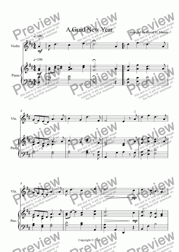 page one of A Guid New Year, Violin Solo played on New Years Eve.