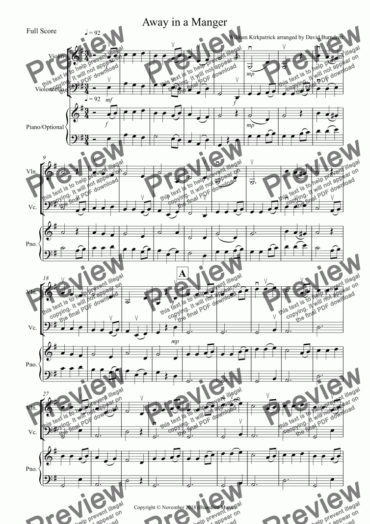 page one of Away in a Manger for Violin and Cello Duet