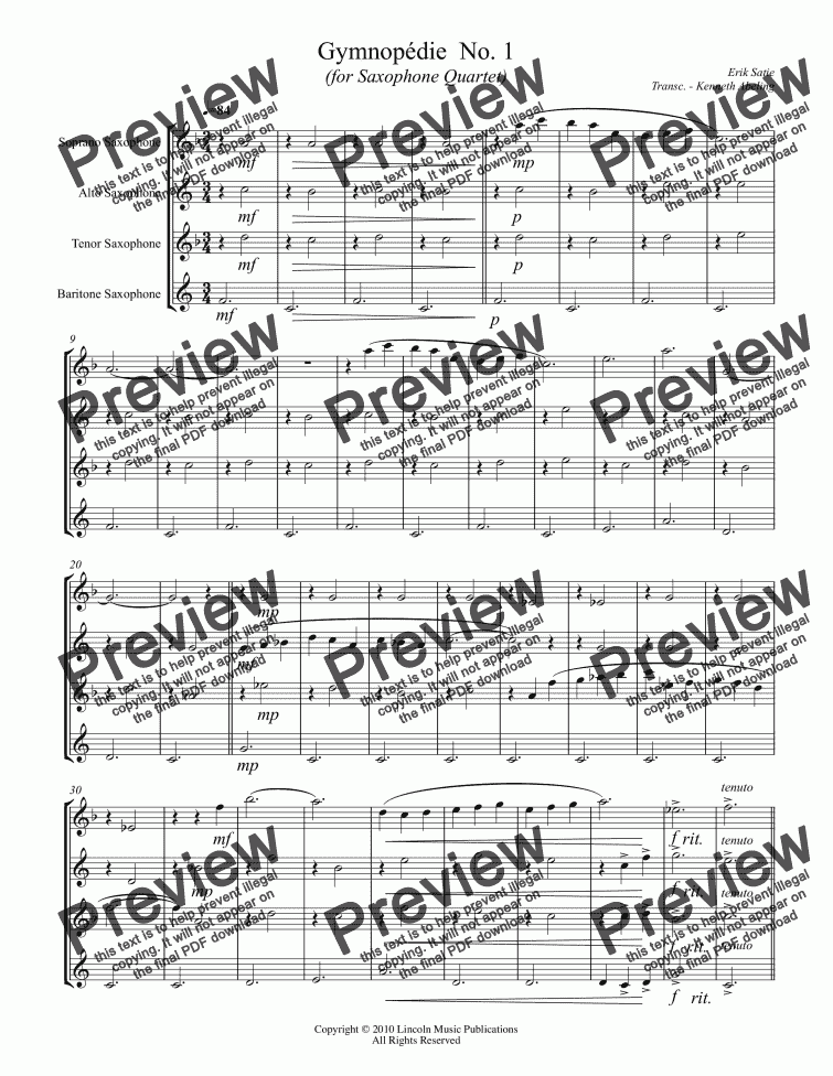 page one of Satie - Gymnopédies 1-3 (for Saxophone Quartet SATB)