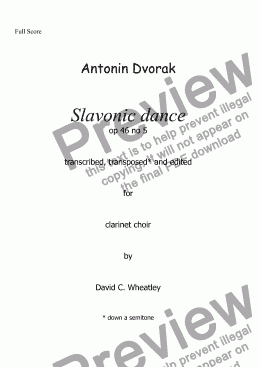 page one of Dvorak - Slavonic dance op 46 no 5 for clarinet choir transcribed by David Wheatley