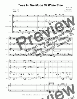 page one of 'Twas In The Moon Of Wintertime (for Woodwind Quartet and Piano)