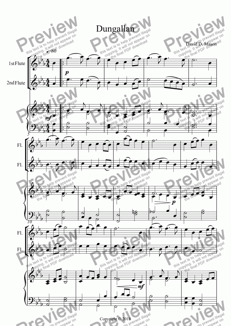 page one of Dungallan,   Flute Duet + Piano accompaniment