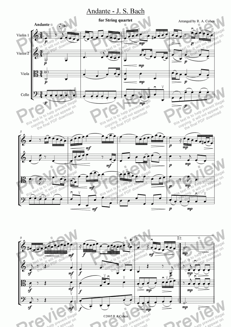 page one of Bach - ANDANTE - for string quartet
