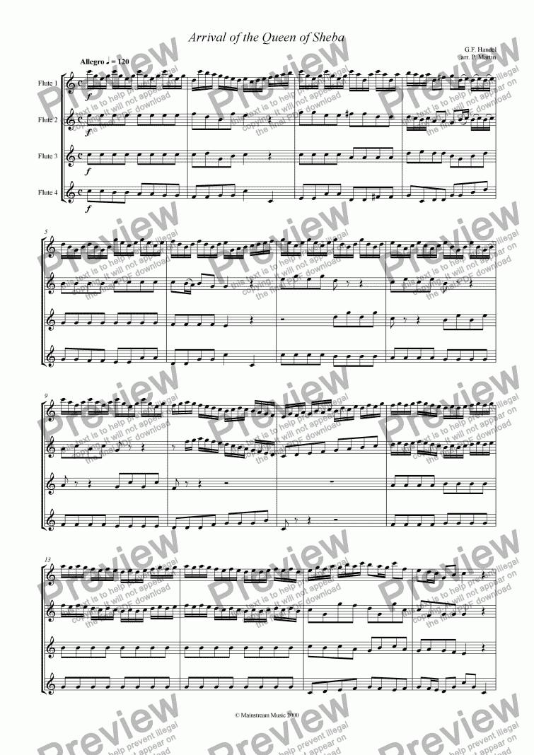 page one of Arrival of the Queen of Sheba - Flute Quartet
