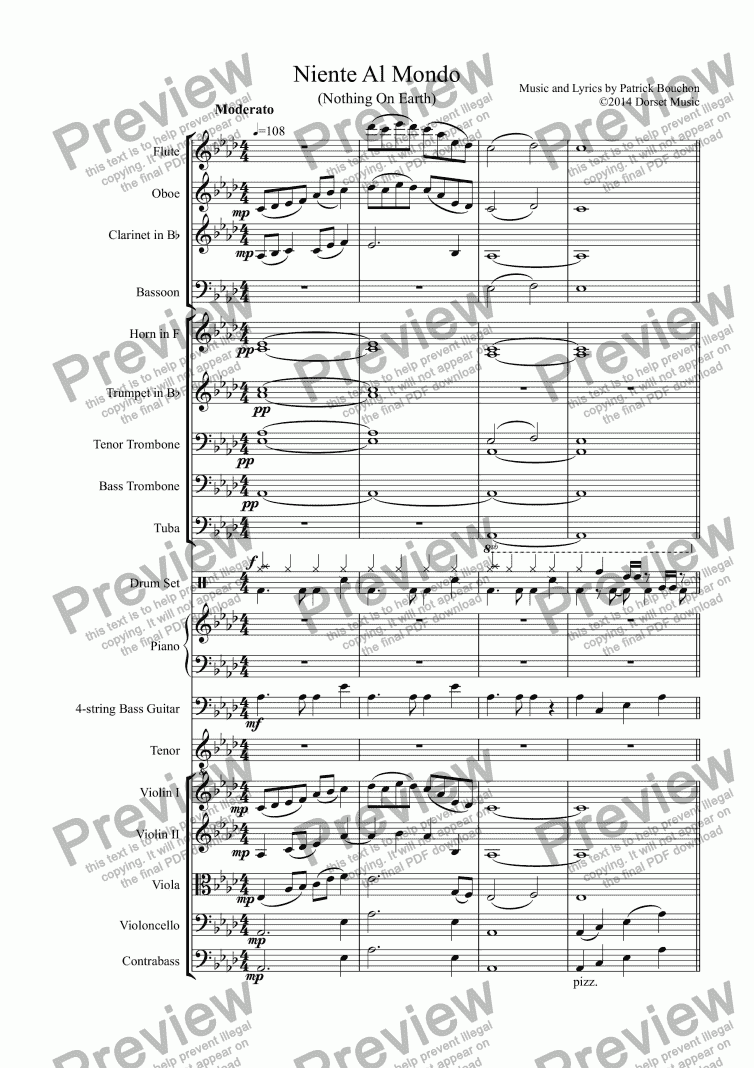 page one of Niente Al Mondo (Nothing On Earth) for Tenor solo and Orchestra