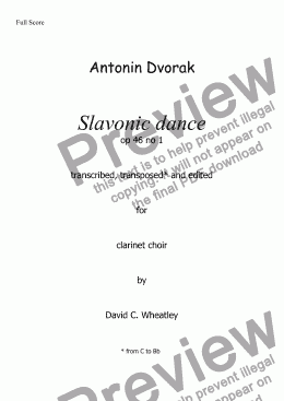 page one of Dvorak - Slavonic dance op 46 no 1 for clarinet choir transcribed by David C Wheatley