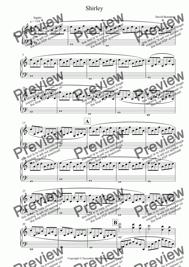 page one of Shirley for Piano Solo