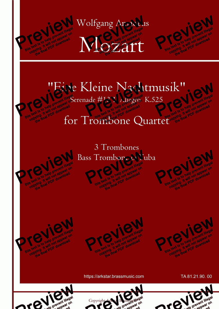 page one of Mozart: "Eine Kleine NachtMusik 1. Allegro for Trombone (Low Brass) Quartet