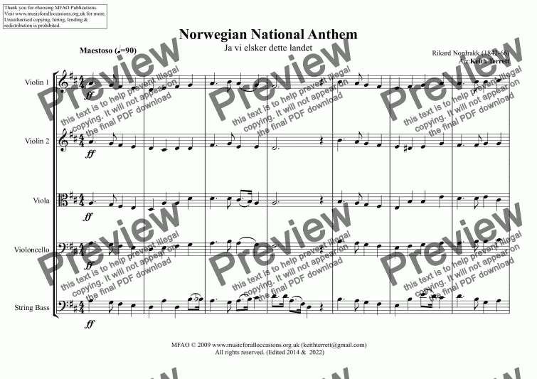 page one of Norwegian National Anthem for String Orchestra