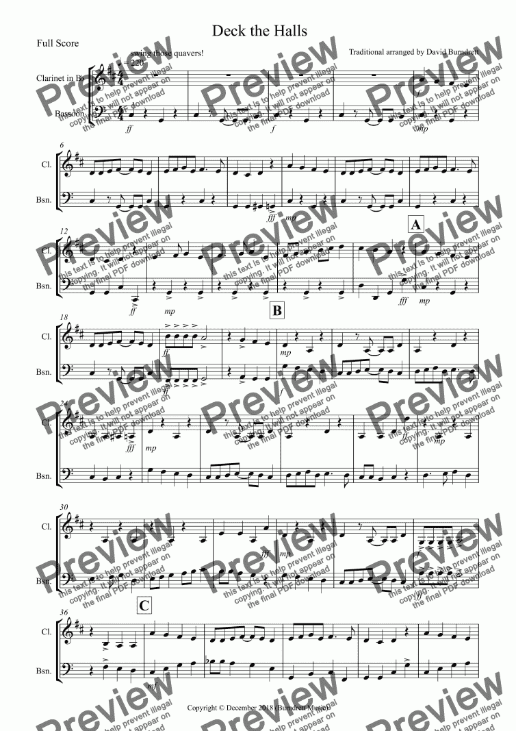 page one of Deck the Halls (Jazzy Style!) for Clarinet and Bassoon
