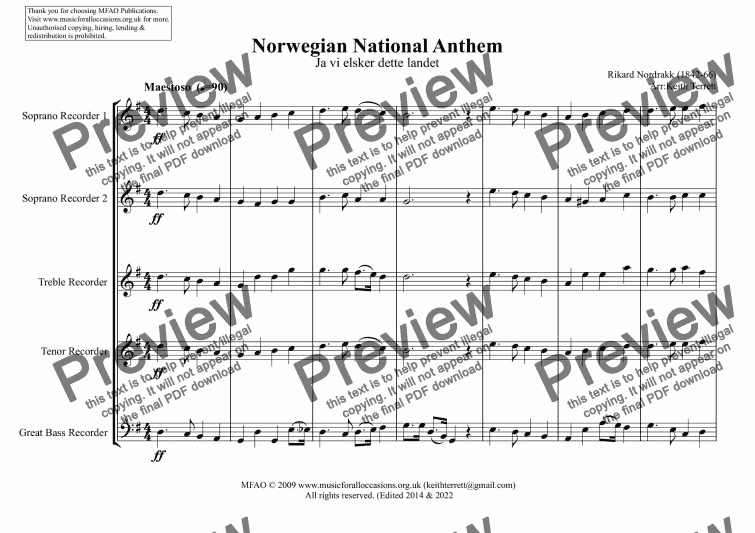 page one of Norwegian National Anthem for Recorder Consort