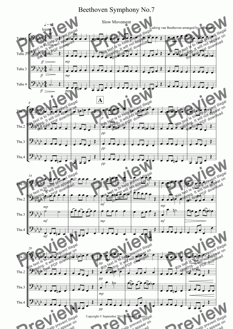page one of Beethoven Symphony No.7 (movement 2) for Tuba Quartet