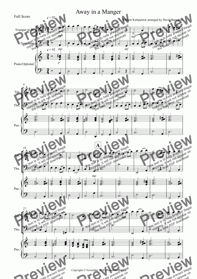 page one of Away in a Manger for Trumpet and Trombone