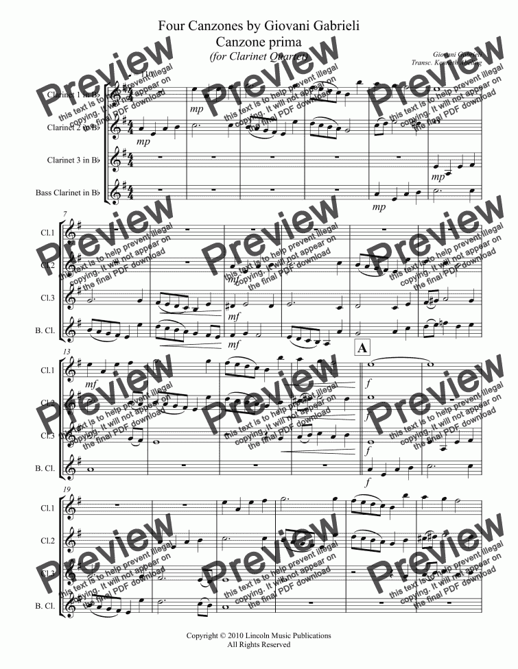 page one of Gabrieli – Canzoni per sonare (for Clarinet Quartet)