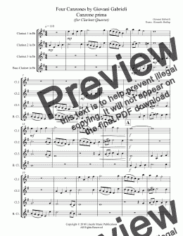 page one of Gabrieli – Canzoni per sonare (for Clarinet Quartet)