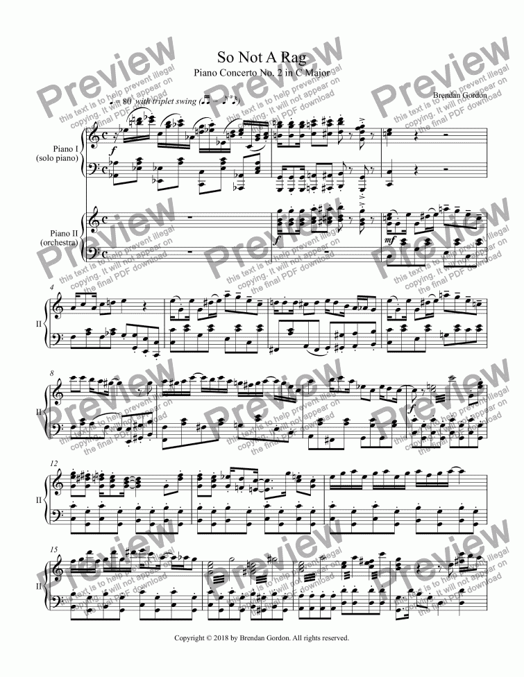 page one of So Not A Rag: Piano Concerto No. 2 in C Major, complete 2-piano score