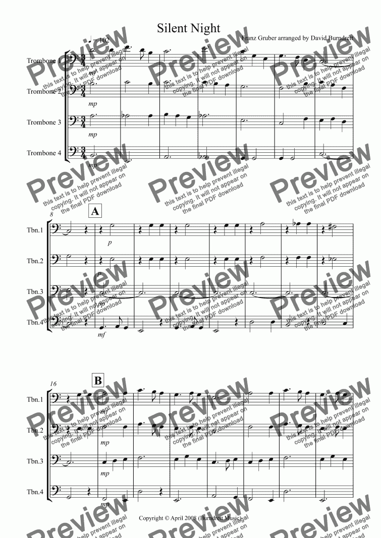 page one of Silent Night for Trombone Quartet 