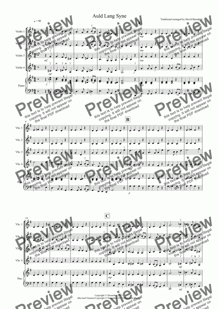 page one of Auld Lang Syne for Violin Quartet