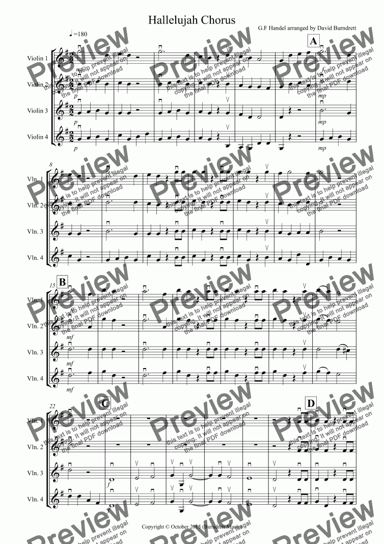 page one of Hallelujah Chorus for Violin Quartet