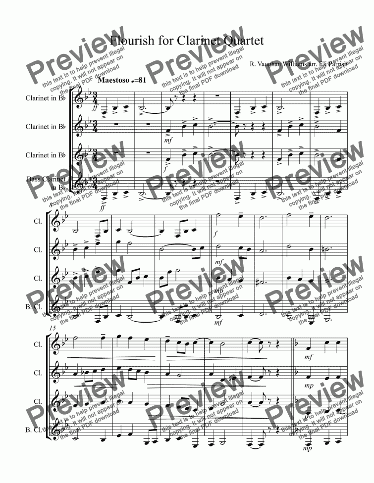page one of Flourish for Clarinet Quartet